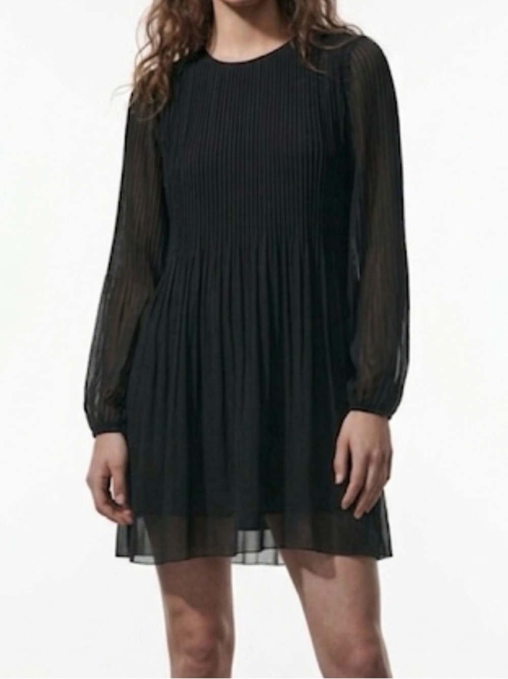 Aritzia Wilfred Daydreamer Dress Small Black Pleated Mini Sheer Sleeve Keyhole